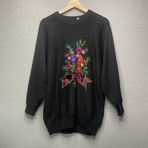 Vintage Basket Of Yarn Black Sweater Floral Embroidery & Velvet Bow Detail L